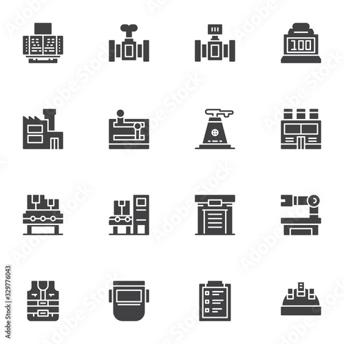 Factory manufacture vector icons set, modern solid symbol collection, filled style pictogram pack. Signs, logo illustration. Set includes icons as robot hand, automatic conveyor belt, factory building