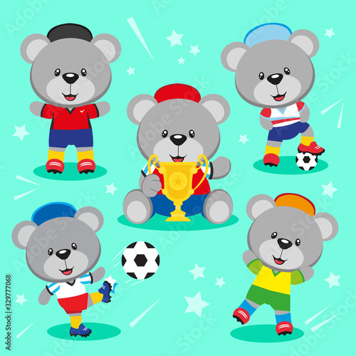 Set of cute teddy bear football player illustration