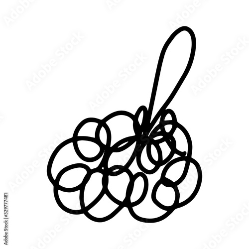 Washcloth in the style of Doodle.Fluffy washcloth for washing.Outline drawing by hand.Black and white image isolated on a white background.Vector illustration