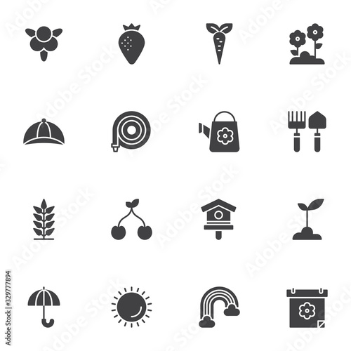 Spring, gardening vector icons set, modern solid symbol collection, filled style pictogram pack. Signs, logo illustration. Set includes icons as strawberry, carrot, flowers, watering hose, birdhouse