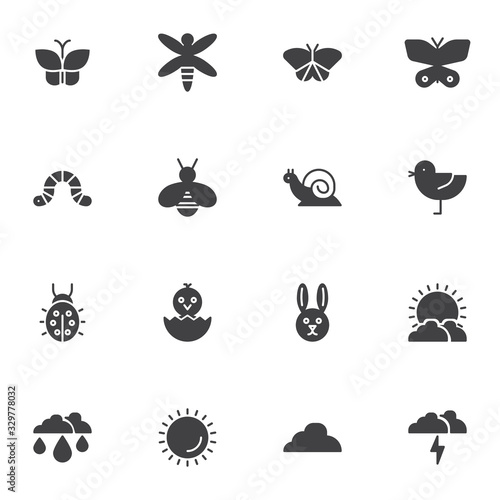 Spring, animal vector icons set, modern solid symbol collection, filled style pictogram pack. Signs, logo illustration. Set includes icons as insects, butterfly, bird, snail, ladybird, sunny weather