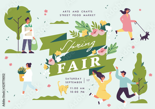 Vector spring fair poster, flyer or banner or banner template with people enjoying their time outdoors in park. Spring holiday season recreation and public event.