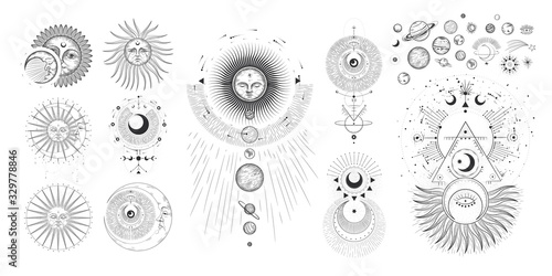 Vector illustration set of moon phases. Different stages of moonlight activity in vintage engraving style. Zodiac Signs