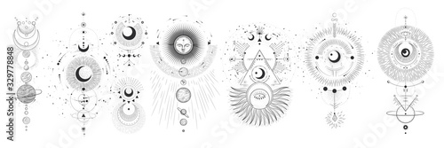 Vector illustration set of moon phases. Different stages of moonlight activity in vintage engraving style. Zodiac Signs
