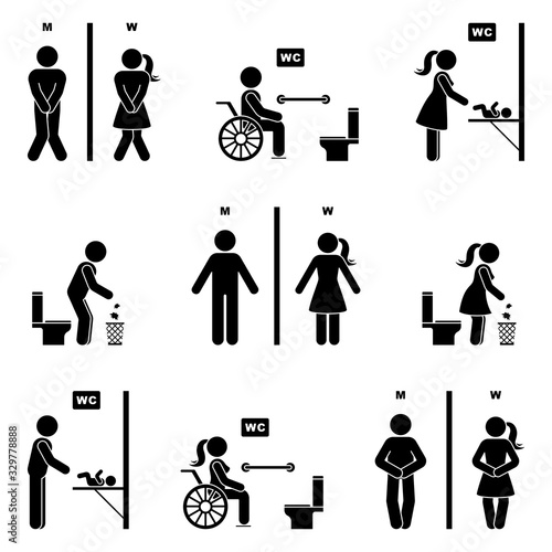 Toilet icon stick figure man and woman symbol silhouette pictogram vector illustration set. Funny urgent pee, baby diaper change room, handicap disable person signs on white background