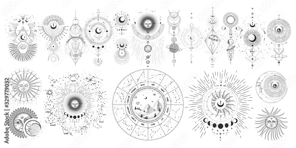 Fototapeta Wektor ilustracja zestaw faz księżyca. Różne etapy aktywności księżyca w stylu vintage grawerowania. Znaki zodiaku