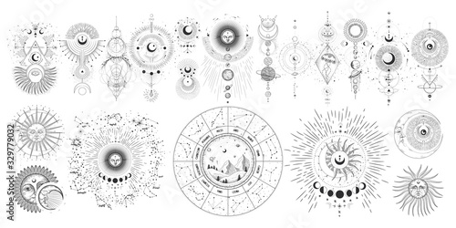 Vector illustration set of moon phases. Different stages of moonlight activity in vintage engraving style. Zodiac Signs photo