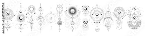 Vector illustration set of moon phases. Different stages of moonlight activity in vintage engraving style. Zodiac Signs