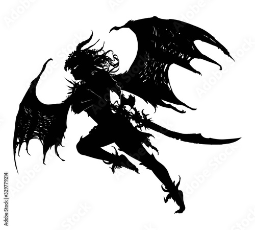 A beautiful demoness with a long curved sword, with torn wings like a bat, furiously rushes into battle. 2d illustration.