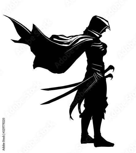Asassin in a cloak with a hood, proudly standing with his hands on his chest, he has 2 sabers on his belt.2d illustration.