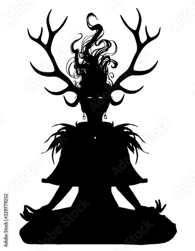 A girl druid with large deer horns, meditates in the lotus position, her hair soars up, her eyes burn with fire. She is wearing a feather costume. 2d