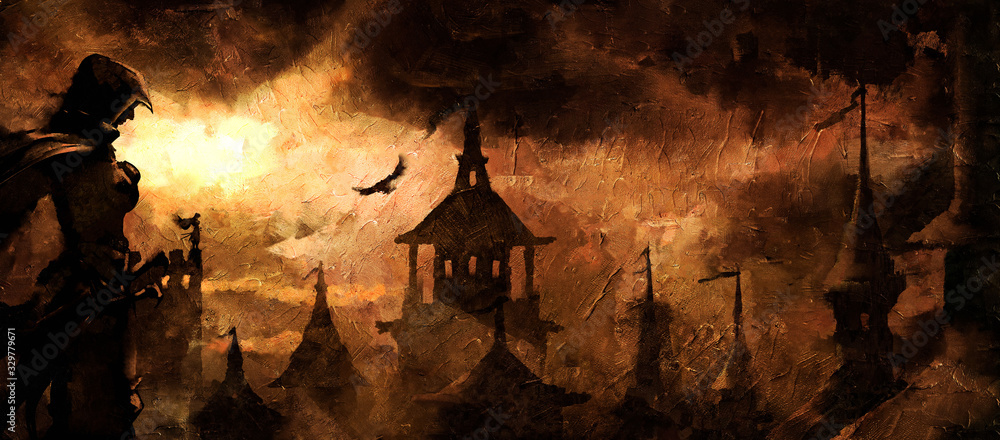 Obraz premium Miasto na pustyni, oświetlone żółtym słońcem spod chmur, na dachach wojownicy w kapturach z płaszczami i szablami. Ilustracja 2D.