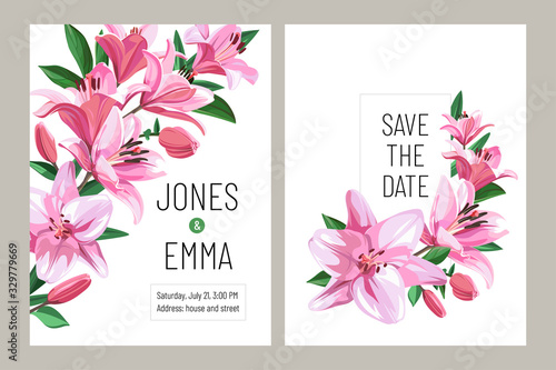 Floral wedding invitation card template design. Vertical banners with pink Lilies isolated on white background.