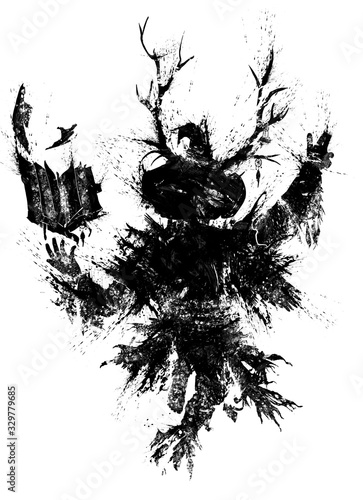 A druid in a pointed hat, with horns, hovers in the air, a magic book flies over his hand, he is dressed in rags, drawn in blotches in the angle above. 2D illustration.