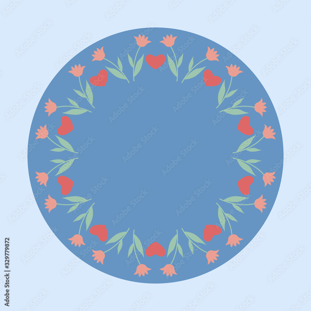 Fototapeta premium Decorative plate with round floral ornament. Circular floral frame with wild flowers tulips and hearts. Vector illustration EPS10
