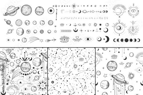 Vector illustration set of moon phases. Different stages of moonlight activity in vintage engraving style. Zodiac Signs