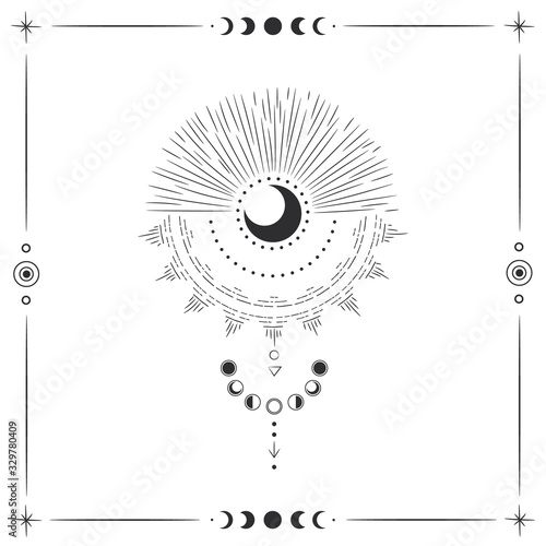 Vector illustration set of moon phases. Different stages of moonlight activity in vintage engraving style. Zodiac Signs