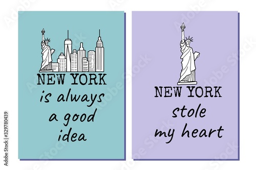 New york posters set with the Liberty Statue, city high buildings and text. Black and white line drawing. Great to use as a t-shirt print. Vector