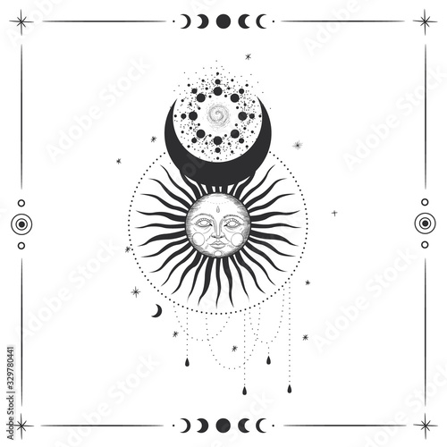Vector illustration set of moon phases. Different stages of moonlight activity in vintage engraving style. Zodiac Signs
