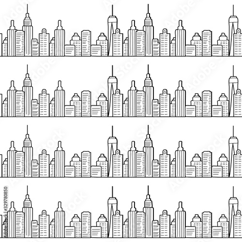 City seamless pattern with line drawing of high buildings or skyscrapers. Manhattan. New York. Black and white repeat background. Urban sketch. Vector