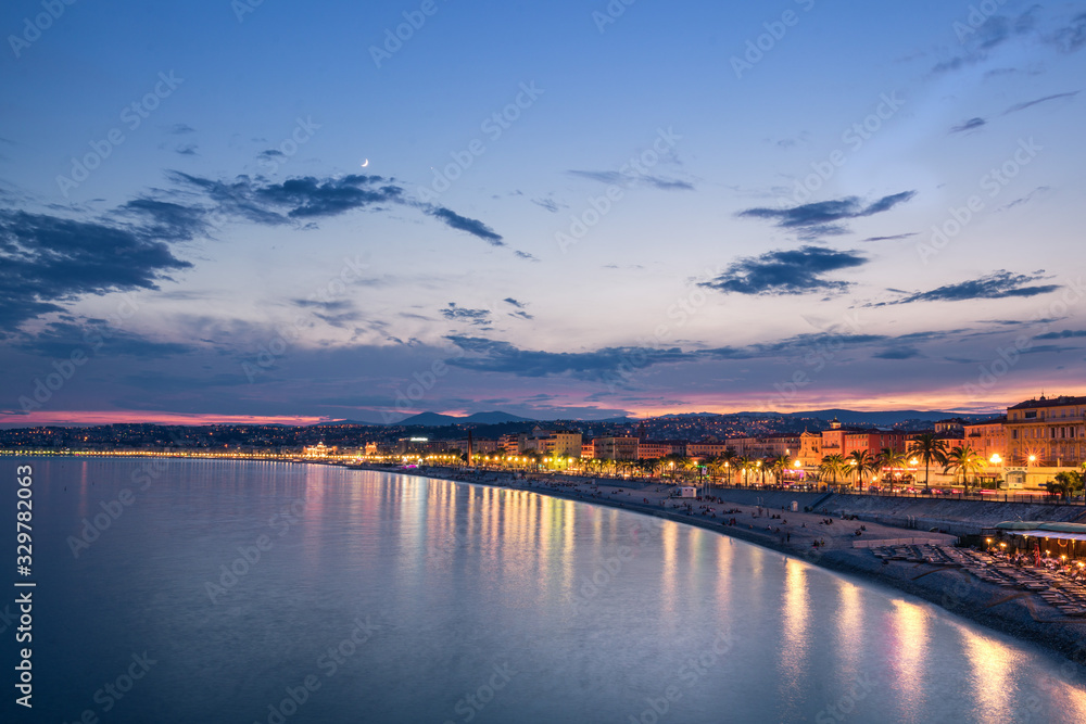Landscapes of the Mediterranean sea, bay of Angels at night, Nice, France