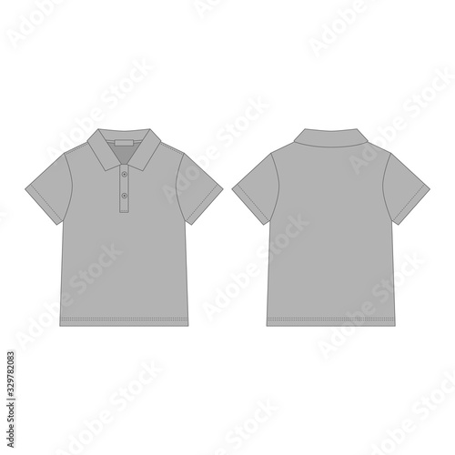 Gray polo t-shirt isolated on white background. Front and back technical sketch kids clothes.