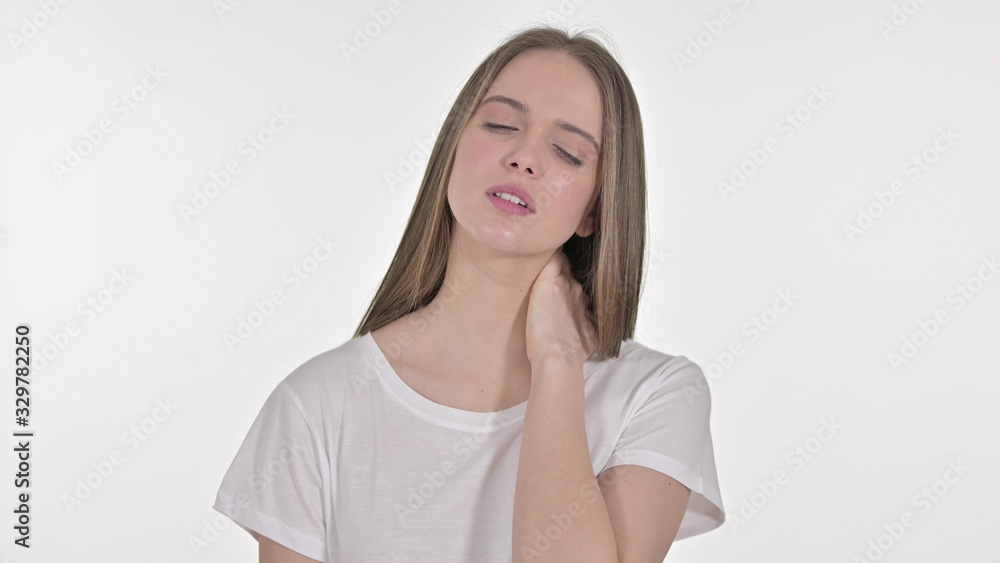 Portrait of Stressed Beautiful Young Woman having Neck Pain Portrait of Stressed Beautiful Young Woman having Neck Pain