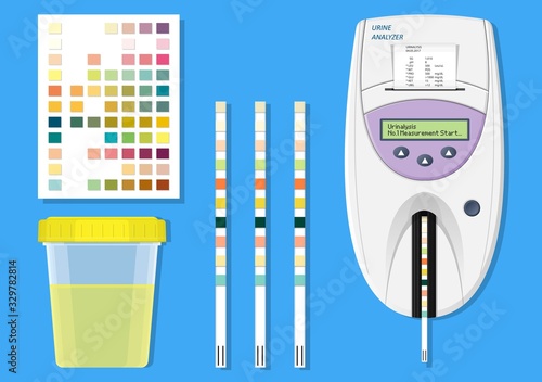 Urine tract exam doctor clinic kidney sick tool pee piss chart color test lab strip pH bottle digital result device medical machine screen science sample measure chronic ketone Diabetes annual
