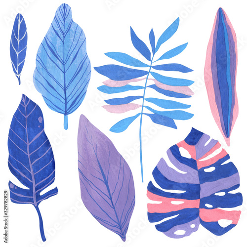 Tropical leaves hand-drawn in gouache in blue, pale blue and pale pink with veins in high resolution. Tropical leaf clipart for decor