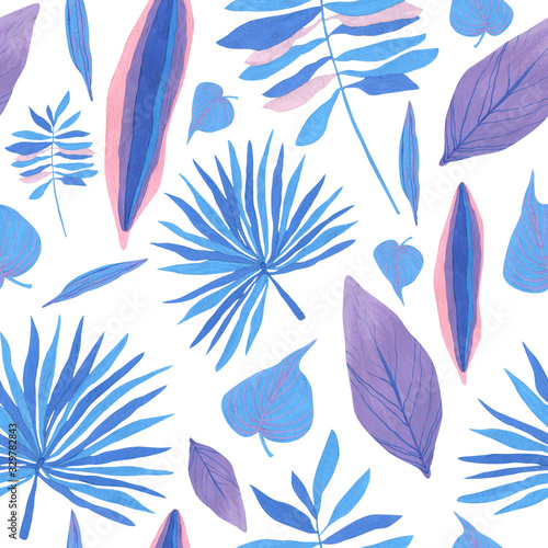 Seamless pattern with tropical leaves drawn in hand-made gouache in blue, blue, pink colors with veins in a decorative style. Hand painted