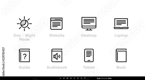Book with Day - Night Mode icon. Read, Audiobook, Guide, Website, Mobile, Tablet. Editable line vector set