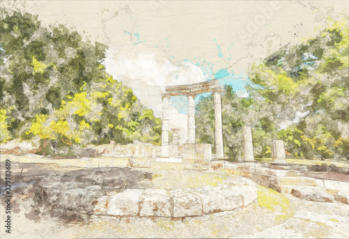 sketch of ancient ruins of the  Philippeion, Ancient Olympia, Greece, Europe