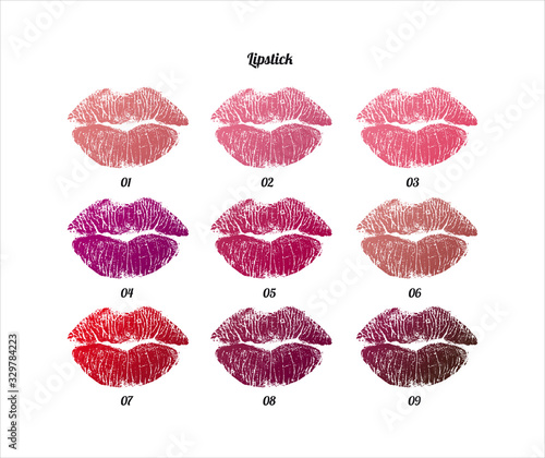 Lipstick kiss print isolated vector. Red and pink lips. imprint of real female lips. Sexy makeup, kiss mouth. On white background. Template for lipstick catalog. Different colours