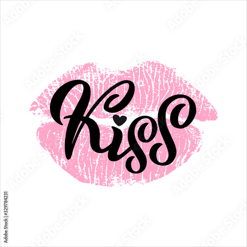 Lipstick kiss print isolated vector. Red and pink lips. imprint of real female lips. Sexy makeup, kiss mouth. On white background. Hand written script lettering 
