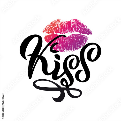 Lipstick kiss print isolated vector. Red and pink lips. imprint of real female lips. Sexy makeup, kiss mouth. On white background. Hand written script lettering 