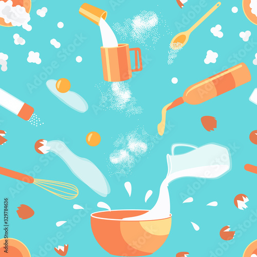 Seamless pattern of baking ingredients. Cookies Cooking Concept. Ingredients hover over a bowl in which the dough will be kneaded. Flat vector illustration.