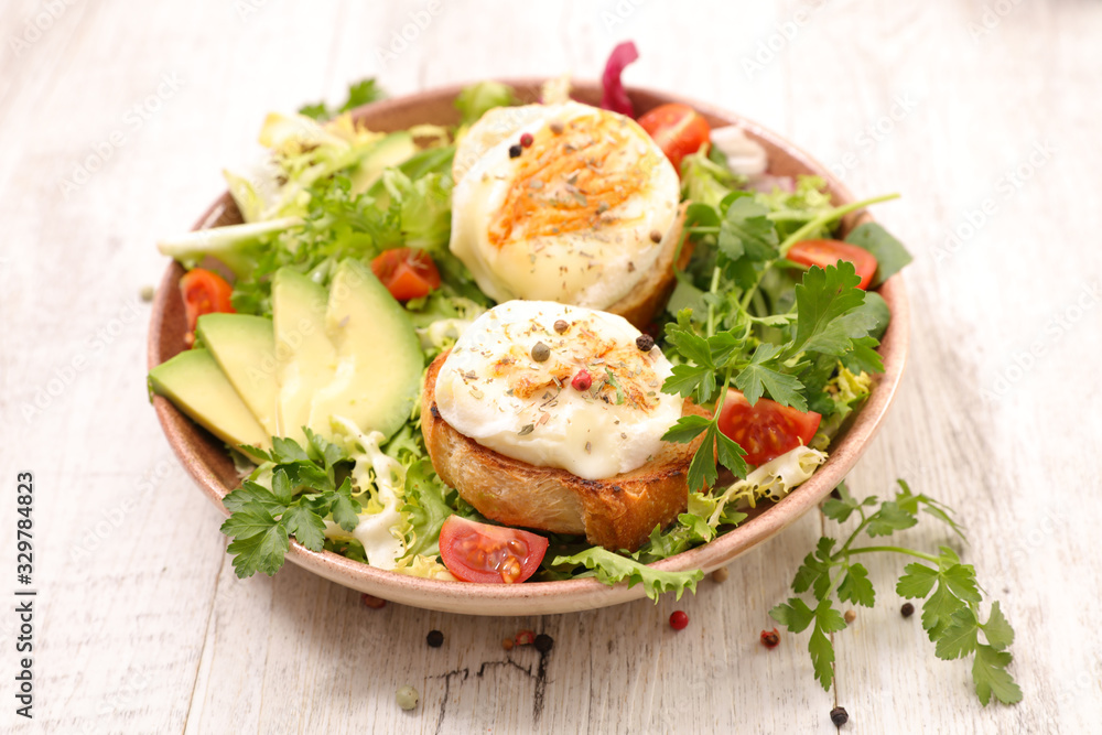 vegetable salad with goat cheese toast and avocado