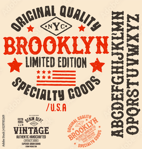 Vector illustration on a theme of American jeans, denim and raw. Vintage design. Grunge background. Typography, t-shirt graphics, print, poster, banner, flyer, postcard.Handmade Vintage Font for label