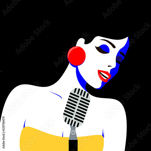 Young women with pop art style sings in blues style. Bright color illustration of a girl