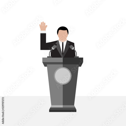Business conference vectors, politic meeting. A man hands up for vote on podium to public speech supporter illustration