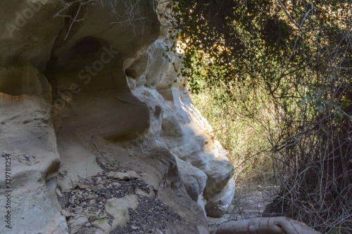 relief passage, narrow path in a mountain gorge in the shade among the trees and dry branches