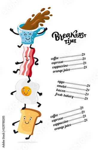 Breakfast menu. Vector placemat or poster with calligraphy lettering. Flat chalk illustration of dancing coffee cup, bacon, toast, egg. Cafe menu template