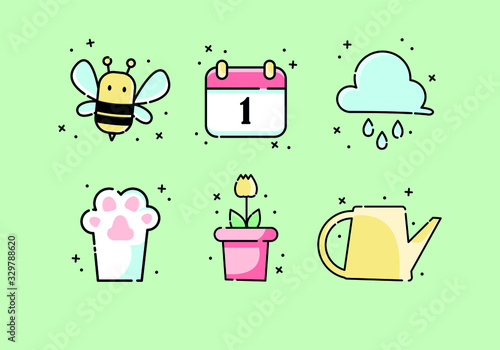 Set of cute vector icons. Spring icons with a cartoon bee, flower, cloud, paw and watering can on a green background.