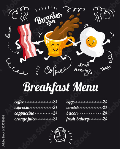 Breakfast menu placemat food restaurant brochure, template design. Flat illustration. Fanny dinner flyer with hand-drawn graphic for children's menu. cartoon characters coffee cup, bacon, egg, sausage