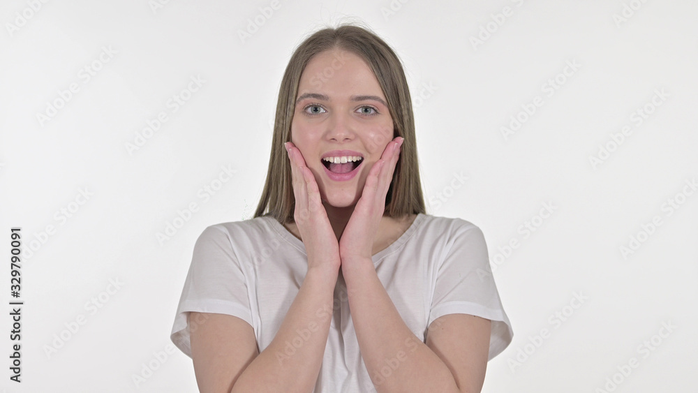 Young Woman Excited for Surprise, White Background Young Woman Excited for Surprise, White Background
