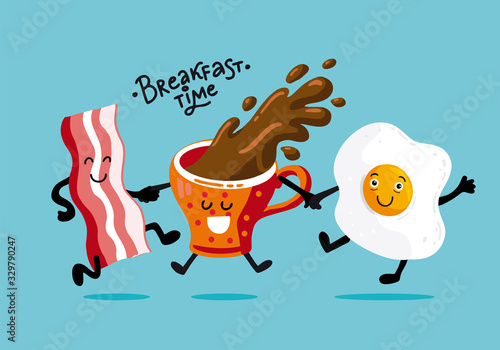 Breakfast time. Vector placemat or poster with calligraphy lettering. Flat chalk illustration of dancing coffee cup, bacon, egg. Cafe menu template
