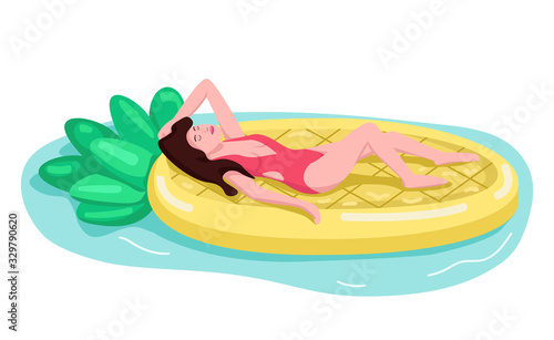 Female model sunbathing flat color vector faceless character. Air mattress in form of pineapple. Girl tanning in swimming pool. Young woman in swimsuit isolated cartoon illustration