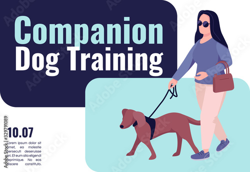 Companion dog training banner flat vector template. Brochure, poster concept design with cartoon characters. Blind woman with guide animal horizontal flyer, leaflet with place for text