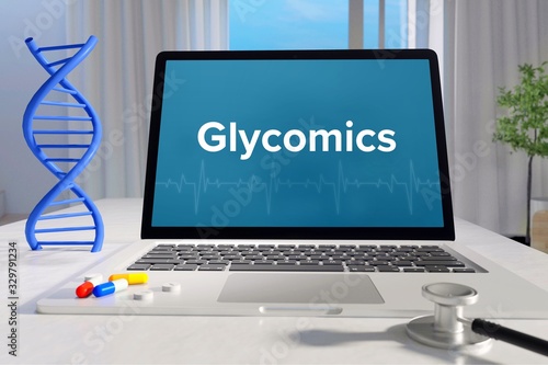 Glycomics – Medicine/health. Computer in the office with term on the screen. Science/healthcare photo