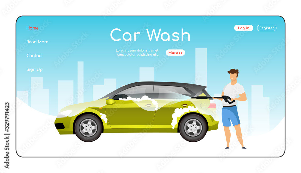 Plakat Car wash landing page flat color vector template. Auto cleaning tools homepage layout. High pressure cleaner one page website interface with cartoon character. Power washer web banner, webpage